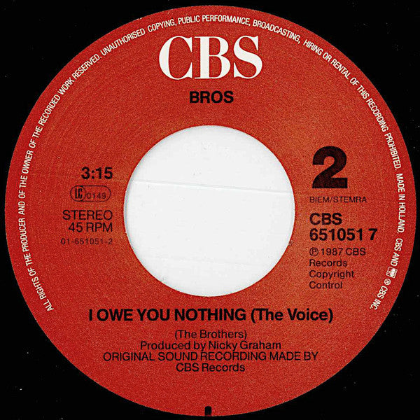 Bros : I Owe You Nothing (7", Single)