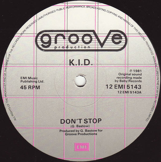 K.I.D. : Don't Stop (12", Single, EMI)