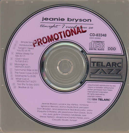Jeanie Bryson : Tonight I Need You So (CD, Album)