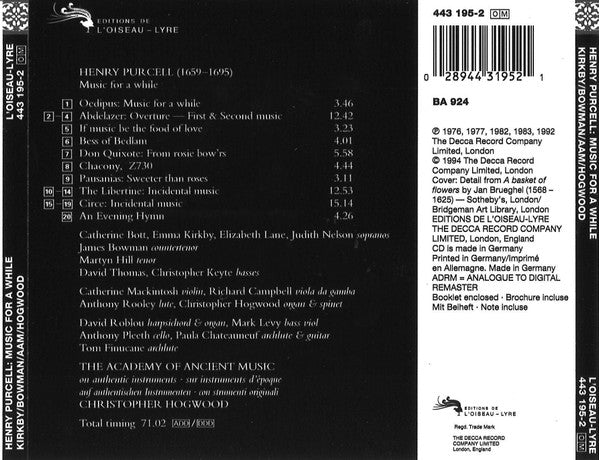 Henry Purcell - Emma Kirkby, Judith Nelson, James Bowman (2), Christopher Keyte, Martyn Hill, David Thomas (9), The Academy Of Ancient Music, Christopher Hogwood : Music For A While (CD, Comp)