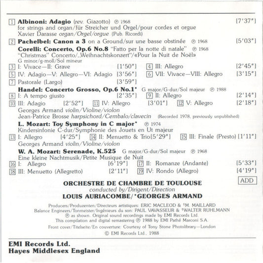 Tomaso Albinoni, Johann Pachelbel, Arcangelo Corelli, Georg Friedrich Händel, Wolfgang Amadeus Mozart, Louis Auriacombe : Baroque Classics (CD, RM)