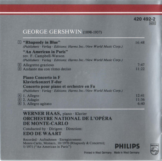 George Gershwin - Werner Haas, Orchestre National De L'Opéra De Monte-Carlo, Edo de Waart : Rhapsody In Blue / Piano Concerto In F / An American In Paris (CD, Comp, RM)