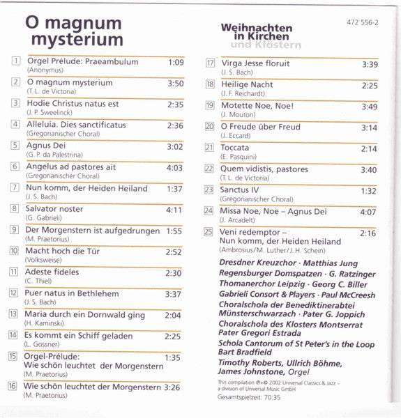 Dresdner Kreuzchor, Regensburger Domspatzen, Thomanerchor, Escolanía De Montserrat, Gabrieli Consort : O Magnum Mysterium (Weihnachten In Kirchen Und Klöstern) (CD)