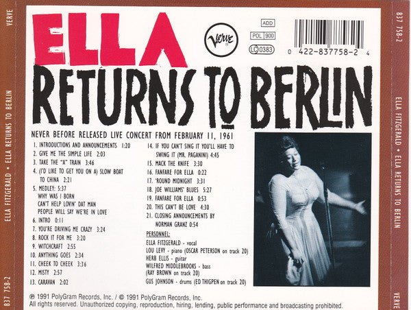 Ella Fitzgerald : Ella Returns To Berlin (CD, Album)