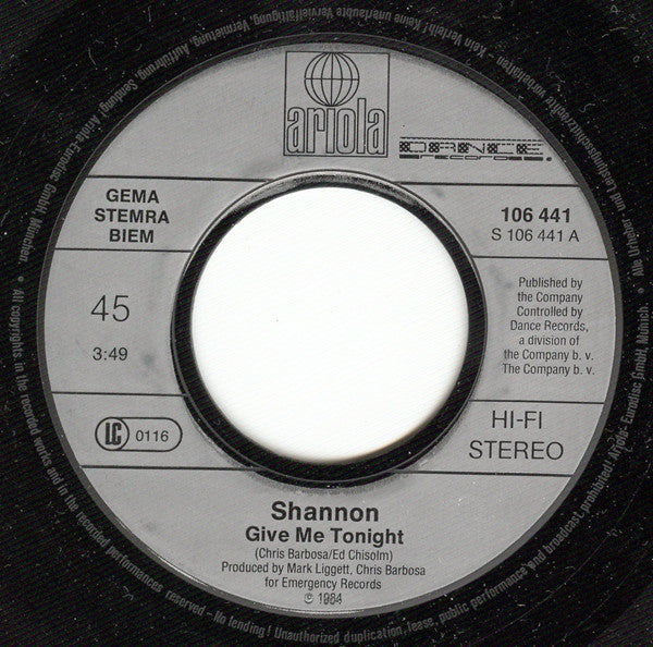 Shannon : Give Me Tonight (7", Single)