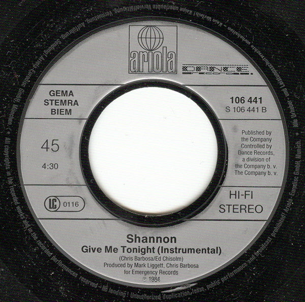 Shannon : Give Me Tonight (7", Single)