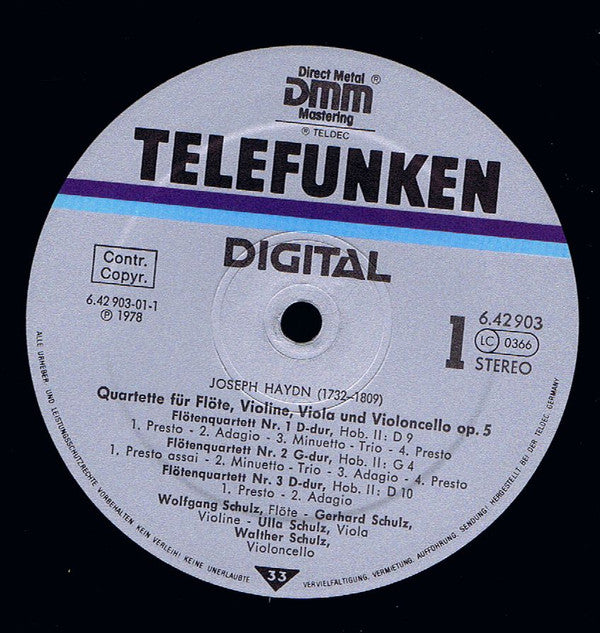 Joseph Haydn, Wolfgang Schulz (3), Gerhard Schulz (2), Ulla Schulz & Walther Schulz : Flötenquartette, Op. 5 (LP)