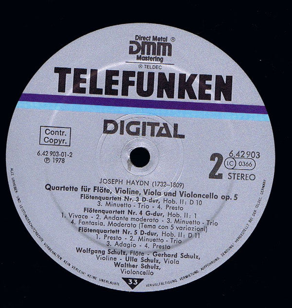Joseph Haydn, Wolfgang Schulz (3), Gerhard Schulz (2), Ulla Schulz & Walther Schulz : Flötenquartette, Op. 5 (LP)
