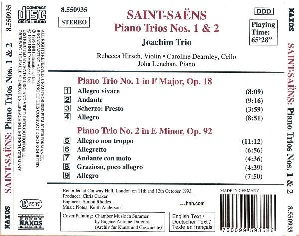 Camille Saint-Saëns, Joachim Trio : Piano Trios Nos. 1 & 2 (CD, Album, RE)