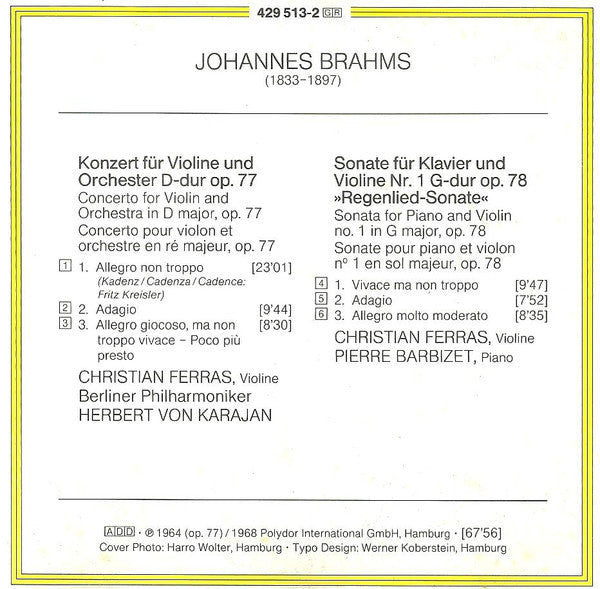 Johannes Brahms - Christian Ferras · Berliner Philharmoniker · Herbert von Karajan : Violinkonzert ‧ "Regenlied-Sonate" (CD, Album, Comp, RM)