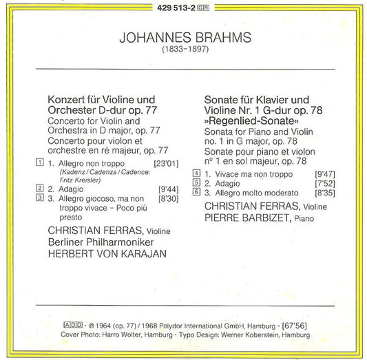 Johannes Brahms - Christian Ferras · Berliner Philharmoniker · Herbert von Karajan : Violinkonzert ‧ "Regenlied-Sonate" (CD, Album, Comp, RM)