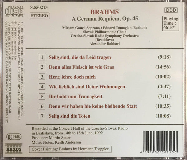 Johannes Brahms - Miriam Gauci • Eduard Tumageanian • Slovak Radio Symphony Orchestra • Alexander Rahbari : A German Requiem, Op. 45 (CD, Album)