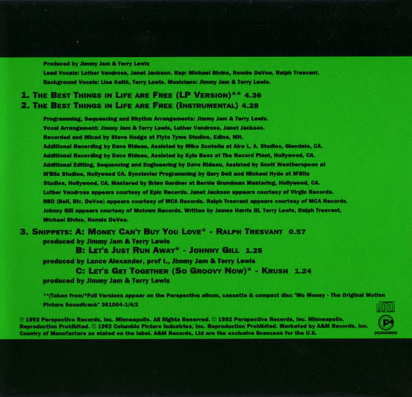 Luther Vandross And Janet Jackson With Special Guests Bell Biv Devoe And Ralph Tresvant : The Best Things In Life Are Free (CD, Single)