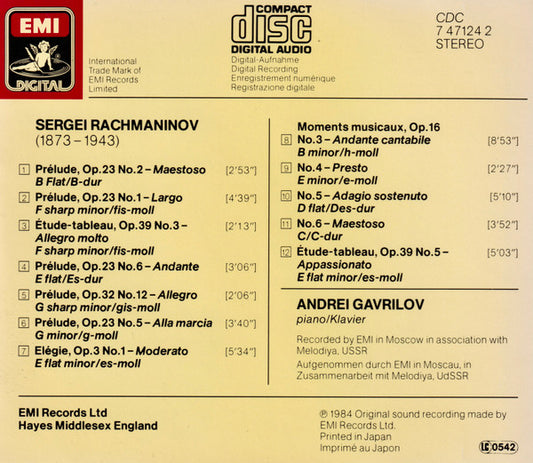 Sergei Vasilyevich Rachmaninoff, Andrei Gavrilov : Five Preludes, Four Moments Musicaux, Two Études-Tableaux, Élégie, Op. 3 No. 1 (CD)