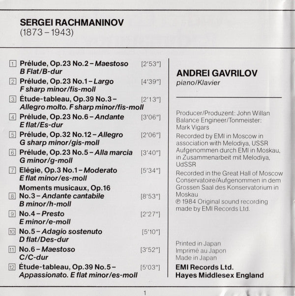 Sergei Vasilyevich Rachmaninoff, Andrei Gavrilov : Five Preludes, Four Moments Musicaux, Two Études-Tableaux, Élégie, Op. 3 No. 1 (CD)