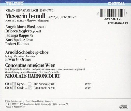 Johann Sebastian Bach / Angela Maria Blasi, Delores Ziegler, Jadwiga Rappé, Kurt Equiluz, Robert Holl, Arnold Schoenberg Chor, Concentus Musicus Wien, Nikolaus Harnoncourt : Messe In H-Moll = Mass In B-Minor = Messe En Si-Mineur BWV 232 (2xCD, Album)