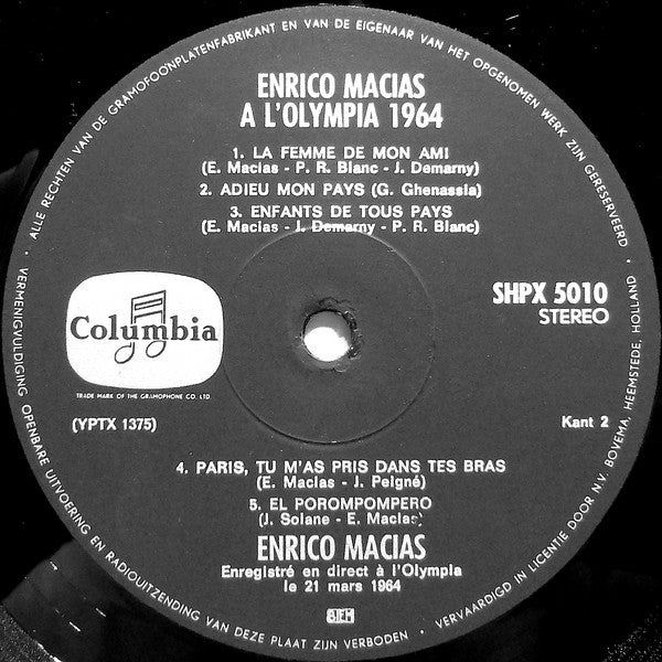 Enrico Macias : Enrico Macias A L'Olympia 1964 (LP, Album)