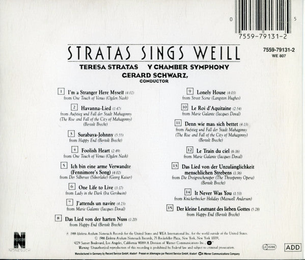 Teresa Stratas Sings Kurt Weill - Y Chamber Symphony, Gerard Schwarz : Stratas Sings Weill (CD, Album)