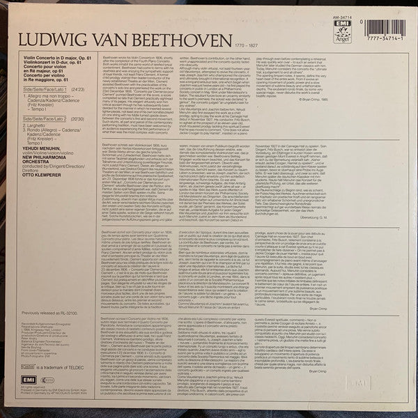 Ludwig van Beethoven, Yehudi Menuhin, New Philharmonia Orchestra, Otto Klemperer : Violinkonzert = Violin Concerto (LP, RM)