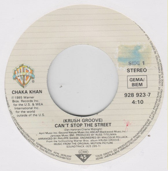 Chaka Khan : (Krush Groove) Can't Stop The Street (7", Single)