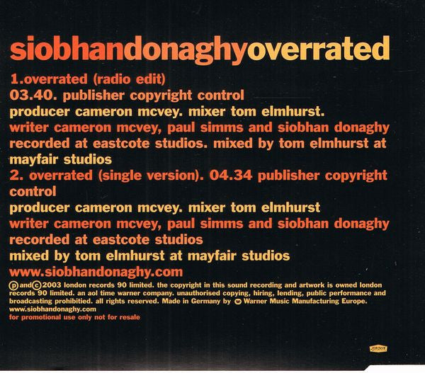 Siobhan Donaghy : Overrated (CD, Single, Promo)