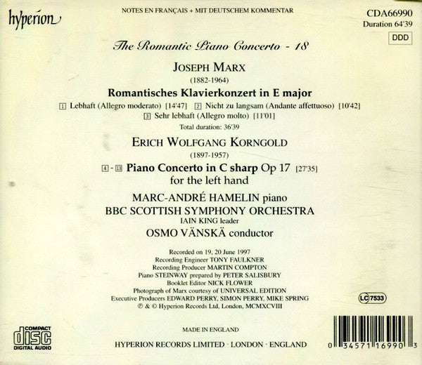 Erich Wolfgang Korngold, Joseph Marx (2), Marc-André Hamelin, BBC Scottish Symphony Orchestra, Osmo Vänskä : Piano Concerto In C Sharp For The Left Hand, Op 17 / Romantisches Klavierkonzert (First Recording) (CD, Album)