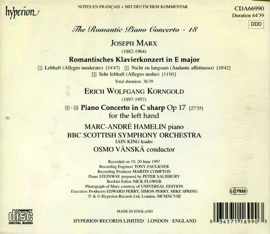 Erich Wolfgang Korngold, Joseph Marx (2), Marc-André Hamelin, BBC Scottish Symphony Orchestra, Osmo Vänskä : Piano Concerto In C Sharp For The Left Hand, Op 17 / Romantisches Klavierkonzert (First Recording) (CD, Album)