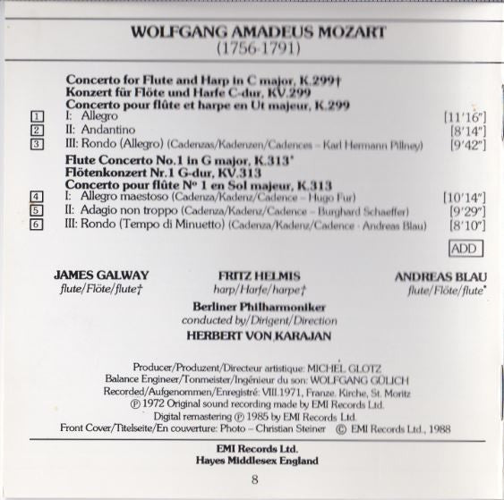 Wolfgang Amadeus Mozart, James Galway ・ Fritz Helmis ・ Andreas Blau, Berliner Philharmoniker, Herbert Von Karajan : Konzert Für Flöte, Harfe Und Orchester / Flötenkonzert Nr.1 (CD, RE, RM)