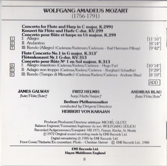 Wolfgang Amadeus Mozart, James Galway ・ Fritz Helmis ・ Andreas Blau, Berliner Philharmoniker, Herbert Von Karajan : Konzert Für Flöte, Harfe Und Orchester / Flötenkonzert Nr.1 (CD, RE, RM)
