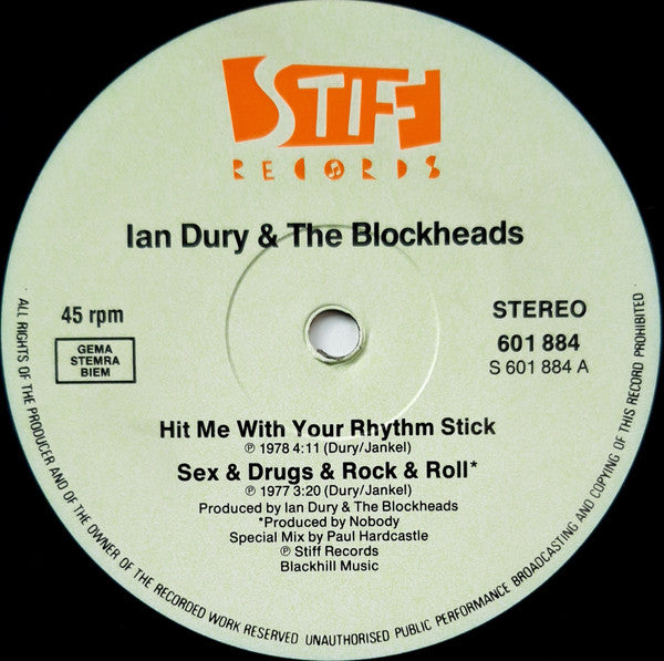 Ian Dury And The Blockheads : Hit Me With Your Rhythm Stick (Remixed By Paul Hardcastle) (12")