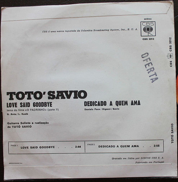 Toto Savio : Love Said Goodbye (Tema Do Filme "O Padrinho Parte II") (7", Single)