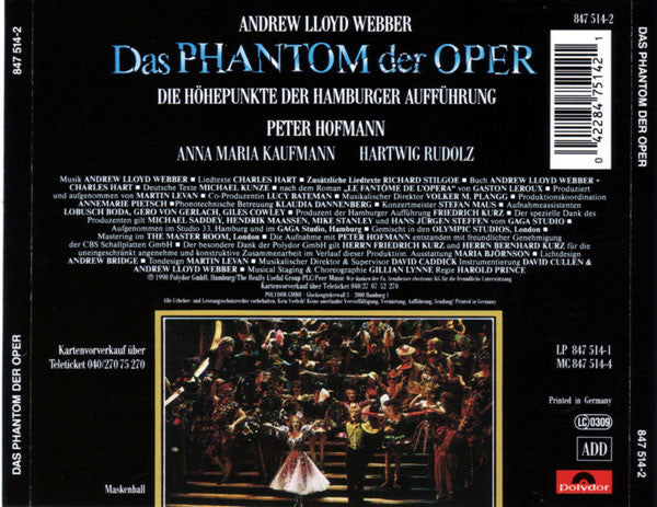 Andrew Lloyd Webber : Das Phantom Der Oper (Die Höhepunkte Der Hamburger Aufführung) (CD, Album, RE)