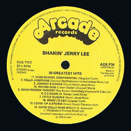 Jerry Lee Lewis : Shakin' Jerry Lee! Jerry Lee Lewis' 20 Greatest Hits (LP, Comp, Mono)