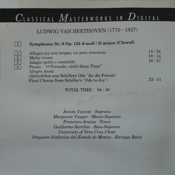 Ludwig van Beethoven, Orquesta Sinfonica Del Estado De Mexico, Enrique Batiz : Symphonie No. 9 (Chor - Choral) (CD, Album)