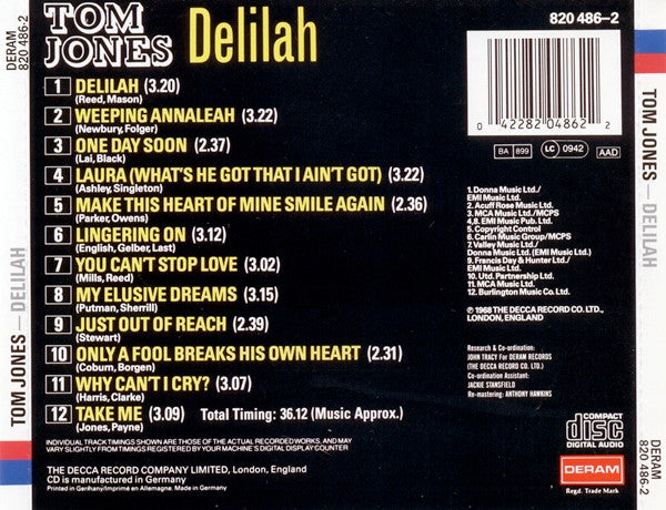 Tom Jones : Delilah (CD, Album, RE, RM)
