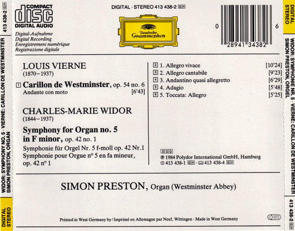Charles-Marie Widor, Louis Vierne, Simon Preston : Symphony No. 5 / Carillon De Westminster (CD, Album)
