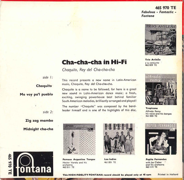 Chaquito And His Orchestra : Cha, Cha, Cha In Hi Fi (7", EP)