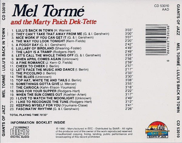 Mel Tormé And The Marty Paich Dek-Tette : Lulu's Back In Town (CD, Comp)