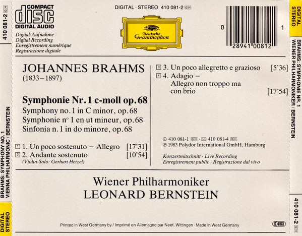 Johannes Brahms, Wiener Philharmoniker, Leonard Bernstein : Symphonie No. 1 (CD, Album)