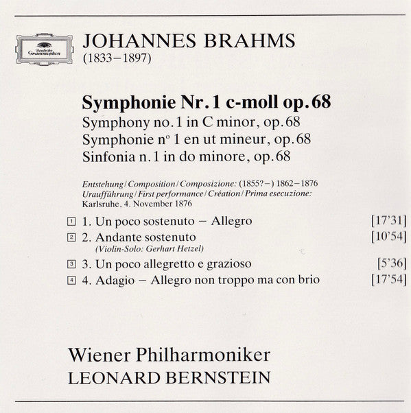 Johannes Brahms, Wiener Philharmoniker, Leonard Bernstein : Symphonie No. 1 (CD, Album)