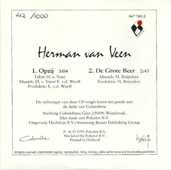 Herman van Veen : Opzij / De Grote Beer (CD, Single, Num)