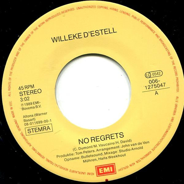 Willeke D'estell : No Regrets (7", Single)