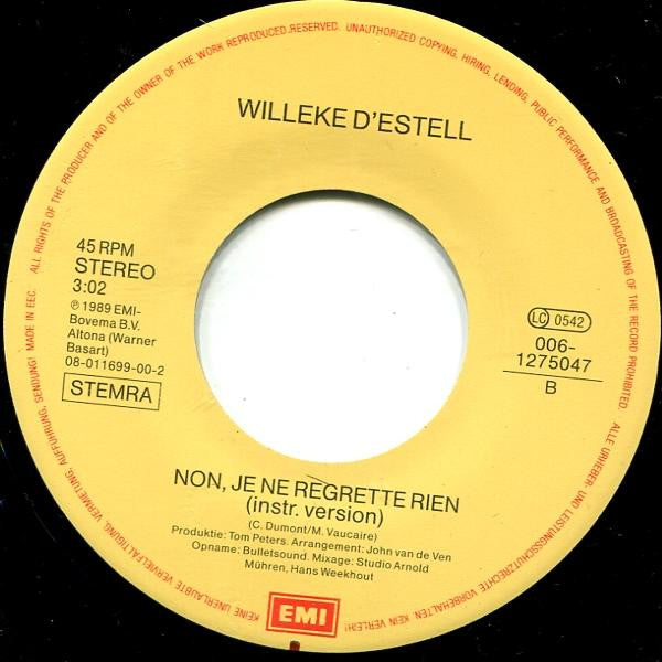 Willeke D'estell : No Regrets (7", Single)