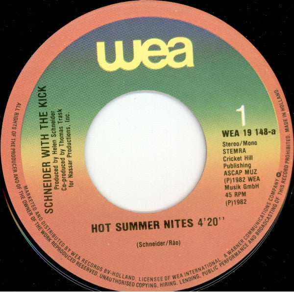 Helen Schneider with The Kick (2) : Hot Summer Nites (7", Single)