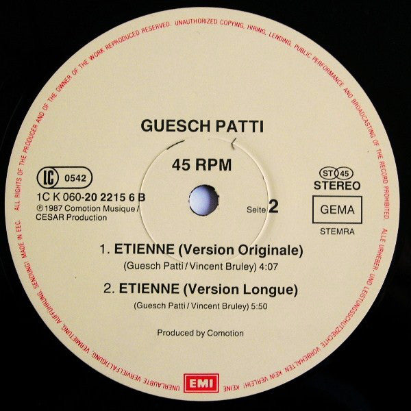 Guesch Patti : Etienne (Dance Mix) (12", Maxi)