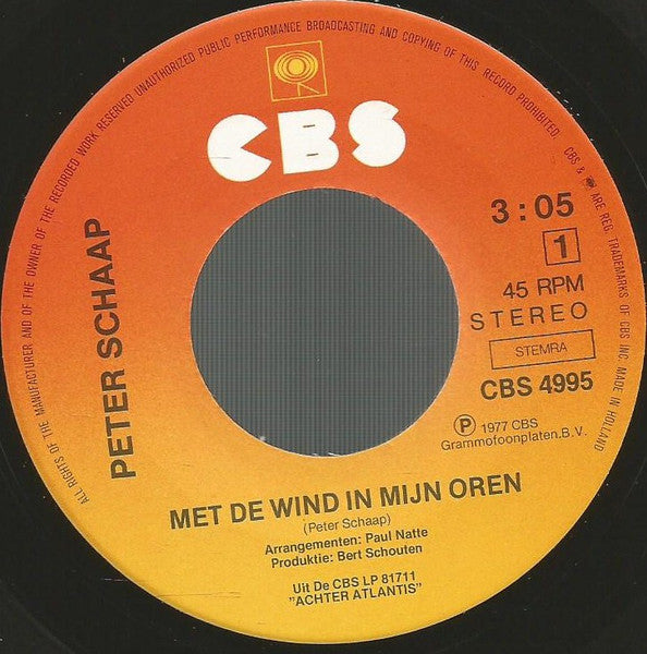 Peter Schaap : Met De Wind In Mijn Oren (7", Single)