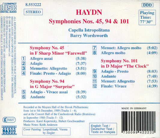 Joseph Haydn, Capella Istropolitana, Barry Wordsworth : Symphonies No. 45 "Farewell" • No. 94 "Surprise" • No. 101 "The Clock" (CD)