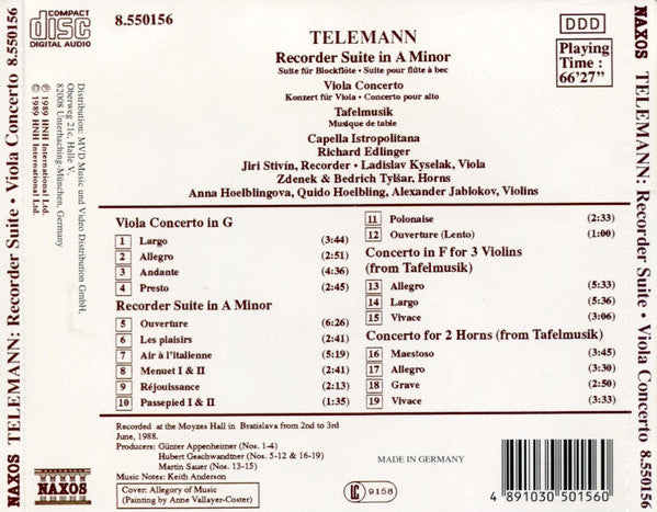 Georg Philipp Telemann, Capella Istropolitana, Richard Edlinger : Recorder Suite In A Minor • Viola Concerto • Tafelmusik (CD, Album)