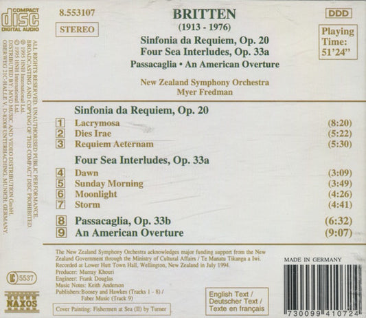 Benjamin Britten, New Zealand Symphony Orchestra, Myer Fredman : Sinfonia Da Requiem, Op. 20 • Four Sea Interludes, Op. 33a • Passacaglia • An American Overture (CD, Album)