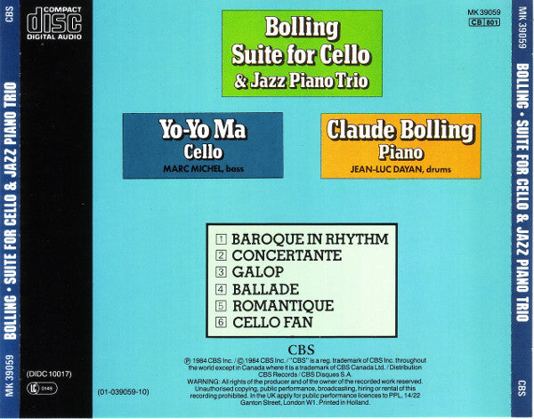 Claude Bolling, Yo-Yo Ma : Bolling Suite For Cello & Jazz Piano Trio (CD, Album)